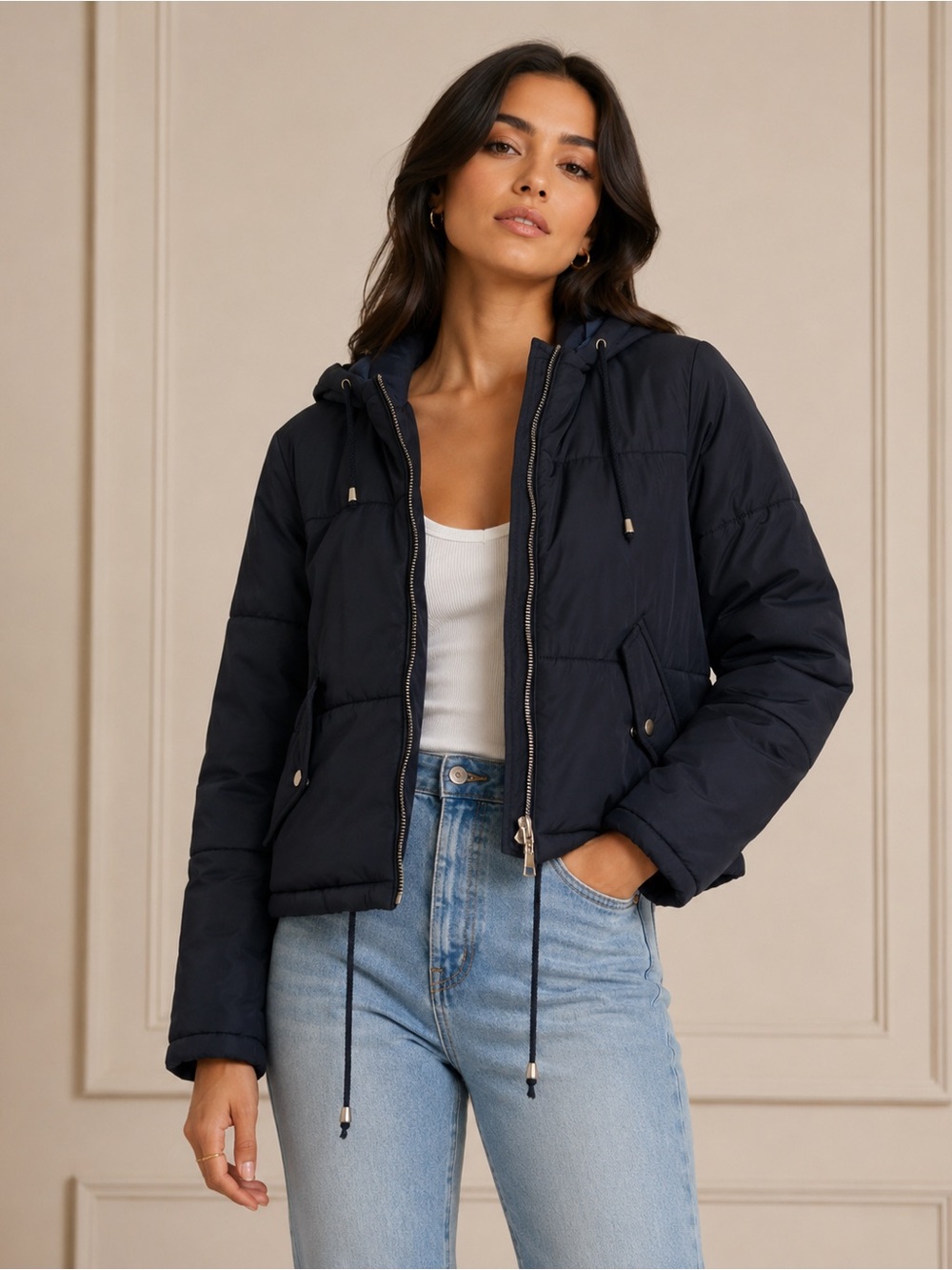 Topshop Puffer Zipper Jacket in Navy